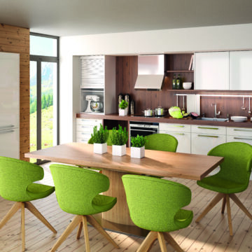 Küche mit Esszimmer  und Stühlen Polsterung grün